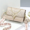 Women's beige crossbody bag with sparkling gold sequins and heart-shaped lock detail - 21x8x14cm / Khaki