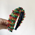 Christmas striped headband featuring red and green pearls with gold sequin accents - Metallic Wire Gold