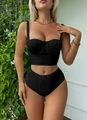 Dettaglio bikini nero a costine a vita alta con top a fascia strutturato - S / Nero
