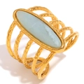 18K gold plated stainless steel multi-layered open ring with light blue oval gemstone - Long Bar Gemstone Open Ring - Gold