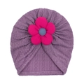 Detailed knit texture of purple baby turban with large decorative pink floral accent - Taro Purple