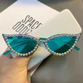 Cat eye sunglasses with emerald green lenses and sparkling AB rhinestone frame decoration - Lake Blue