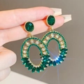Elegant long tassel earrings with green gemstones and sparkling rhinestones for women - Green Faux Gemstone Vintage Drop (158)