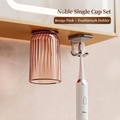 Wall-mounted magnetic toothbrush holder with translucent pink striped cup and hook - Blush Pink (Adhesive) + Single Hook
