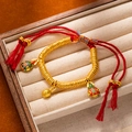 Detailed macro view of Chinese red cord bracelet with gold charms and enamel pendants - L269-10 Gold Swallowing Beast