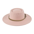 Detailed view of pink wool fedora with a brown leather strap and gold metal buckle - One Size(58cm) / Dusty Pink