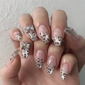 French leopard gradient press-on nails with silver glitter and 3D bow decoration - Pink Leopard Heart Pattern With Butterfly Bow Style(JP4051)