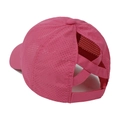 Detail view of pink mesh baseball cap with elastic criss-cross bands for high pony tails - Rose Red