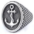 Detail view of vintage stainless steel anchor ring with distressed textured finish - Silver Retro Anchor Style (18207)