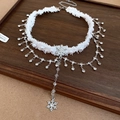 Winter snowflake choker necklace with white fringe, pearls and silver rhinestone tassels - 47# Pearl Rhinestone Snowflake Choker