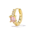 Detail of gold hoop earring featuring a square pink crystal and tiny white zircon stones - Gold Pink