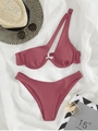 Dusty rose ribbed one-shoulder bikini set with high-cut bottom and metallic buckle - XS / Lotus root pink