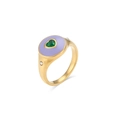 Bague dorée avec émail violet et pierre précieuse verte en forme de cœur au centre - US 6