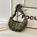 Dark green velvet cloud bag with geometric diamond texture and ruffled shoulder strap - Dark Green