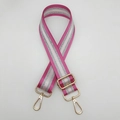 Detail of pink and silver striped wide shoulder strap with golden metal lobster clasps - Rose Pink + Gold Hook