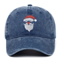 Distressed navy blue washed denim baseball cap with Santa Claus embroidery for outdoor sports - Navy Blue