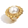 Vintage Ring aus 18K vergoldetem Edelstahl mit großer weißer Perle im Blumen-Design - Perlenimitat Blumenring Offen - Gold