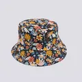 Detail showing the colorful floral print pattern on a black cotton bucket sun hat - M (56-58cm) / Black Daisy Multi-color (28#)
