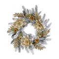 Flocked Christmas wreath with golden leaves, ornaments and frosted pine needles on white - 60cm Flocked Wreath