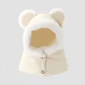 Detail of warm kids bear ear hat with fleece lining and buttons in cream white - 54cm (3-8 Years) / Beige