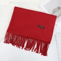 Solid red cashmere scarf with fringe and embroidery label for autumn winter warmth - 70×200cm / Wine Red