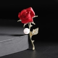 Elegant red matte rose brooch with gold leaves and rhinestone accents for women - Pearl Red Rose Style (XZ171)