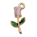 Pink rose flower pendant with green leaves and gold ring for DIY jewelry making - 1Pc Rose Flower 9x18mm