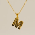 Gold plated stainless steel necklace featuring a bark textured letter M pendant - Gold Letter M