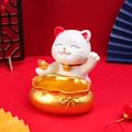 Statuetta gatto portafortuna Maneki Neko bianco con lingotto d'oro su sfondo rosso - Gatto portafortuna contenitore oro (P041)