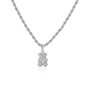 Detail of silver twisted chain necklace featuring a sparkling crystal bear pendant - Bear Necklace / White Gold
