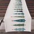 Linen Christmas table runner with festive cartoon tree patterns on a rustic wooden table - 33*183cm / ZQ04-11 (White Cartoon Xmas Tree)