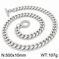 Bracciale a catena barbazzale in acciaio argento con chiusura a T, 10mm di larghezza e 107g - Collana con Chiusura a Teschio (KN232982-ZZ) / 500mmx10mm