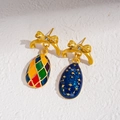 Macro detail of asymmetric gold bow earrings with colorful enamel egg pendants - Earrings-Gold(With 925 Silver Pin)