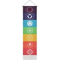 Chakra tapestry wall hanging with colorful vertical mandala symbols and white tassels - Mandala Style 1