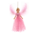 Detail of pink Christmas angel ornament with feather wings and beaded gauze dress - Pink Feather