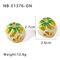 18k gold plated stainless steel oval earrings with green flower enamel finish - NB-E1376-GN / Green Flower