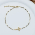 Golden titanium steel cross bracelet featuring full cubic zirconia crystals for women - Bracelet No. 3 (B0051)