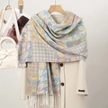 Elegant knit scarf with houndstooth and ginkgo leaf pattern in macaron pastel colors - Pink Blue Yellow Green (T484-01)