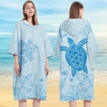 Light blue microfiber hooded beach poncho with sea turtle patterns and front zipper - Sleeved Zipper Style - Coral Turtle