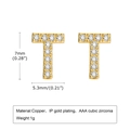 Sparkling copper gold plated T letter stud earrings with AAA cubic zirconia stones - Letter T