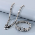 Parure de bijoux punk pour hommes avec collier et bracelet tête de serpent en acier argenté - Bracelet 21cm + Collier 45cm / Couleur Acier