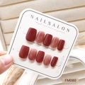 Set di unghie finte fatte a mano bordeaux e glitterate su scheda di supporto - Stile Glitter Sfumato Bordeaux (FM080-M)