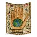 Detail view of The World tarot tapestry with mystical astrology symbols on a white background - The World Hands (ZJ606-11) / 73X95CM (Brushed Fabric)