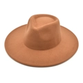 Top-down view of camel wool fedora hat with a classic wide brim and teardrop crown - M (56-58cm) / Khaki