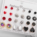 12 pairs of alloy stud earrings set with crystal rhinestones on a display card - Red Black Silver Ball Heart Floral Set (ER21Y0531-6)