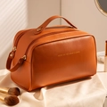 Orange-brown PU leather makeup bag with gold zipper and handle on beige silk fabric - Mocha Brown - Double-zip Bag