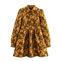 Robe vintage de style cour à manches longues avec motif floral en jacquard doré - XS / Jaune
