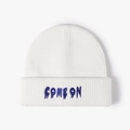 White ribbed knit beanie with blue Come On embroidery and double fold cuff design - One Size / Cream
