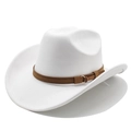 Détail d'un chapeau de cowboy en daim blanc avec large bord et lanière marron à boucle dorée - M(56-59CM) / Blanc (Suède)