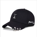Black cotton baseball cap with silver Eiffel Tower ornament and metal brim rings - S Kids (48CM-52CM) / Eiffel Tower / Black